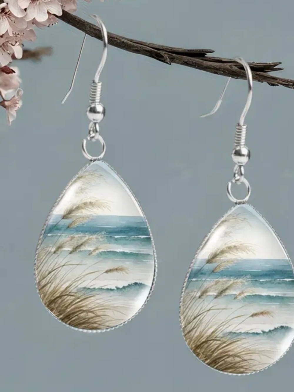 Glass Cobachon Silver Teardrop Beach Scene Earrings - Blue & Tan Coastal Design